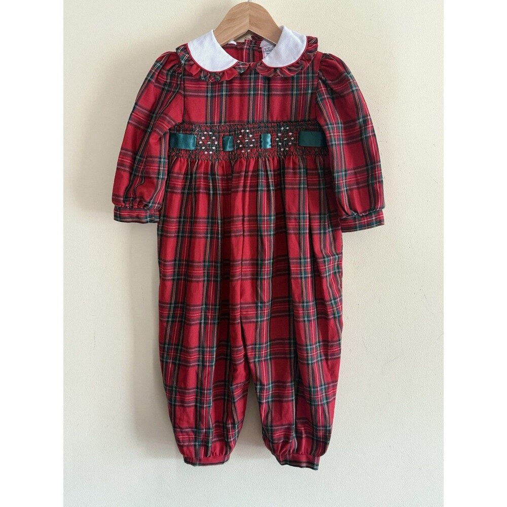 Vintage Holiday Smocked Plaid Romper Cottage‎ Core 24 Months Collared NWOT